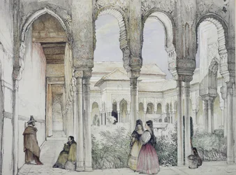 Dwór lwów (Patio de los Leones), z „Szkiców i rysunków Alhambry”, rytego przez Williama Gauciego (fl.1825-54), 1835